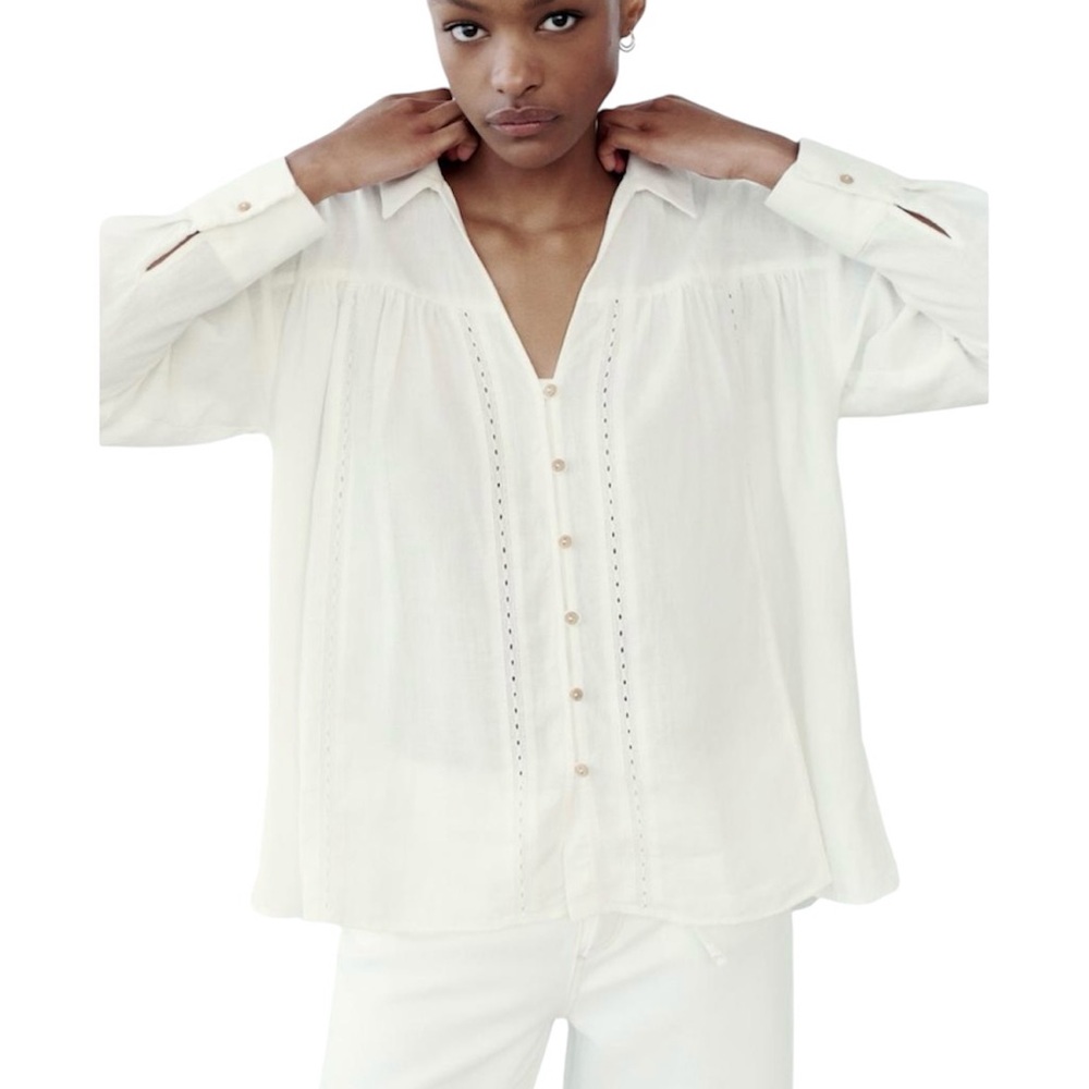 Zara cream lace insert oversized blouse hi lo hem size Small
